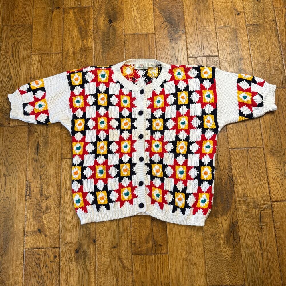 VTG CARROLL REED Short Sleeve Color Block Cardigan Sweater Womens Sz XL